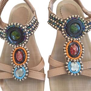 Siketu STONE-EMBELLISHED Flat Sandal Beaded Boho T-strap size US 7 EU 38